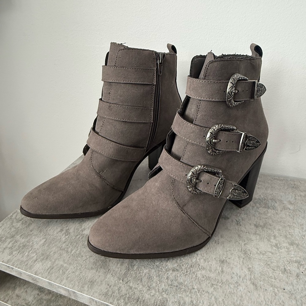 Justfab Charcoal Grey Boots with Metal Buckles, Size 8